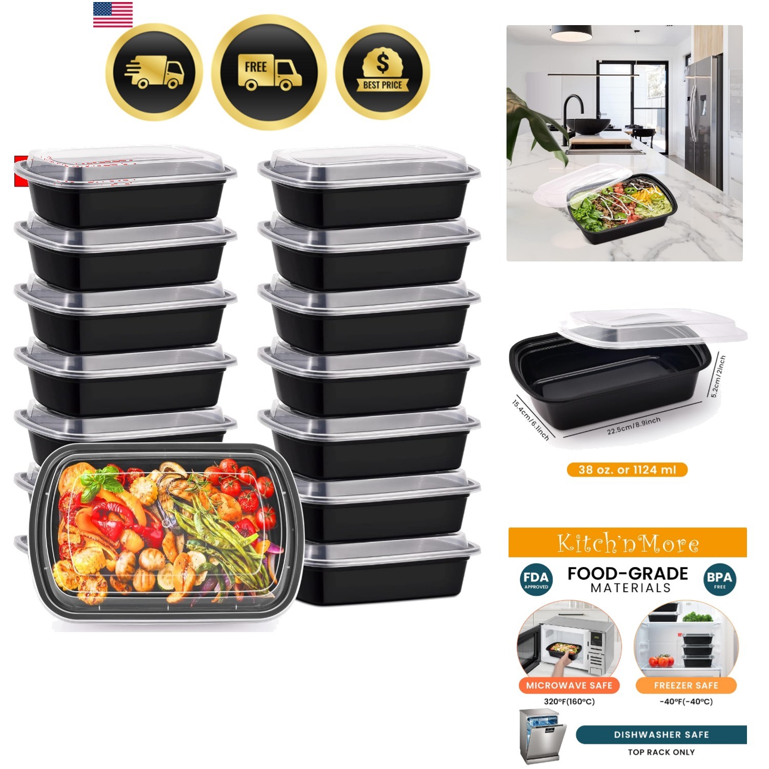 38oz Meal Prep Containers, Extra Large &Thick Food Storage Containers with Li…