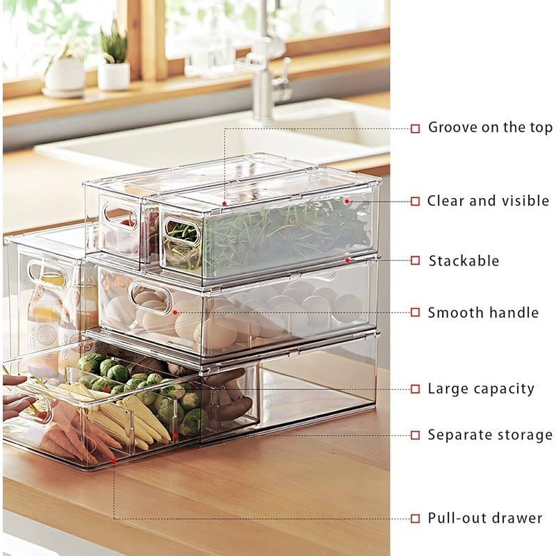 Stackable Fridge Organizer Drawers Clear Plastic Storage Pull Out Bins 4 Pack US