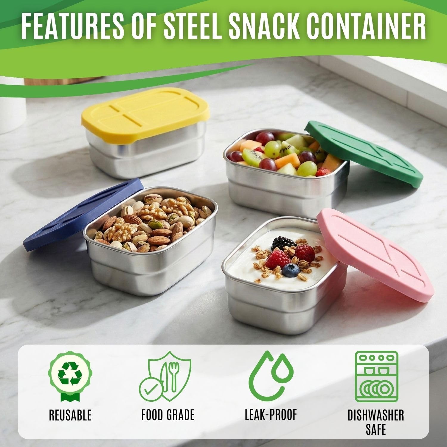 8 oz Stainless Steel Snack Containers with Silicone Lids, BPA-Free & Reusable Mi