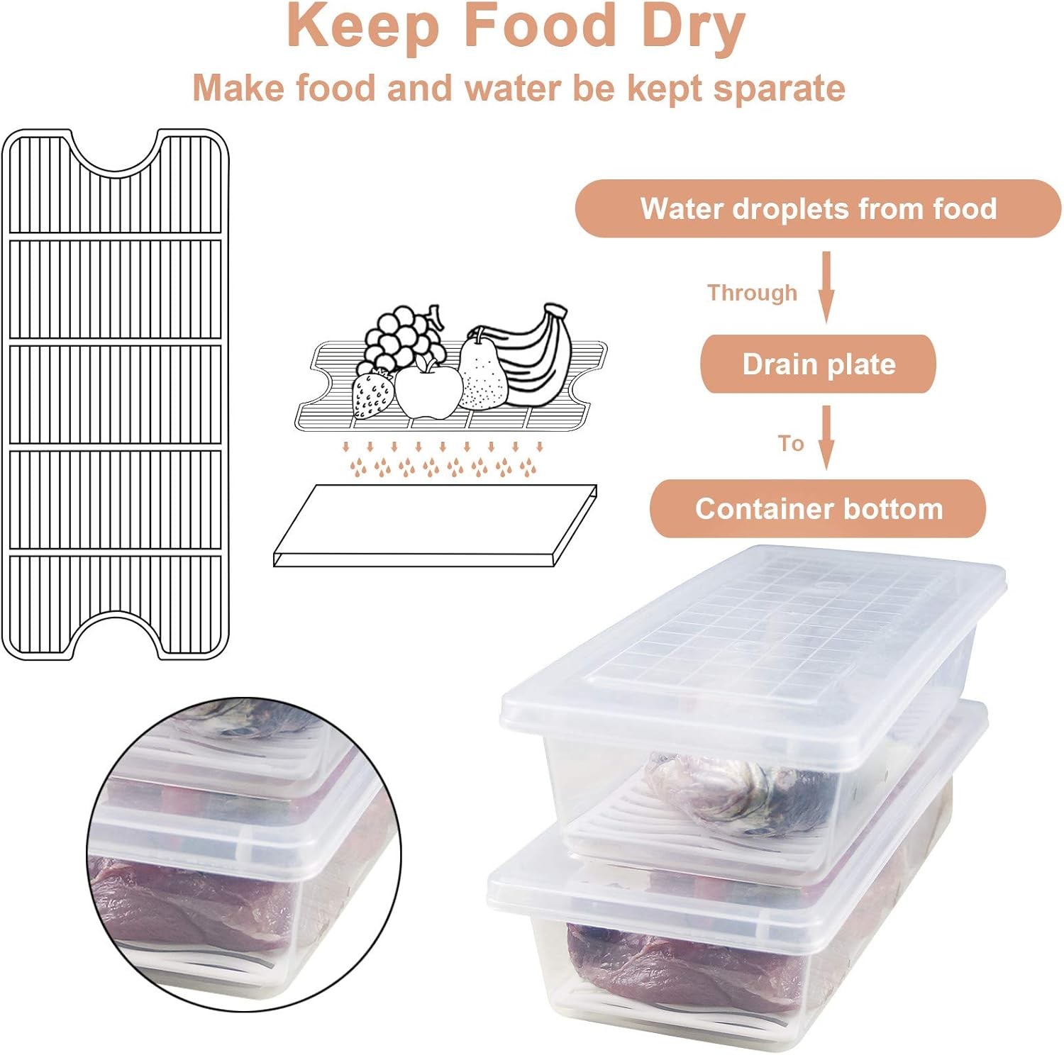 Food Storage Container Plastic Food Containers W/ Removable Drain Plate & Lid