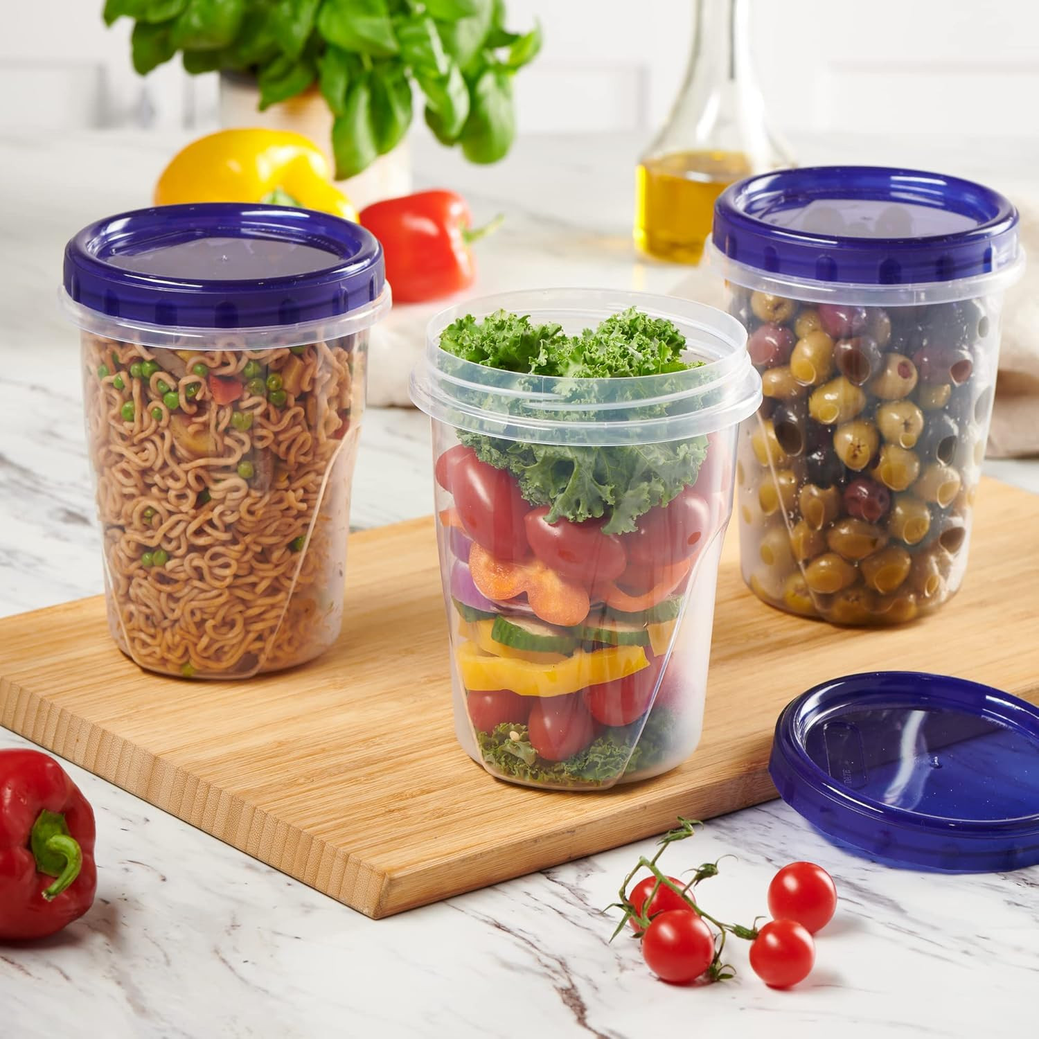 6 Pack Twist Cap Food Storage Containers with Blue Screw on Lid- 32 oz Reusable