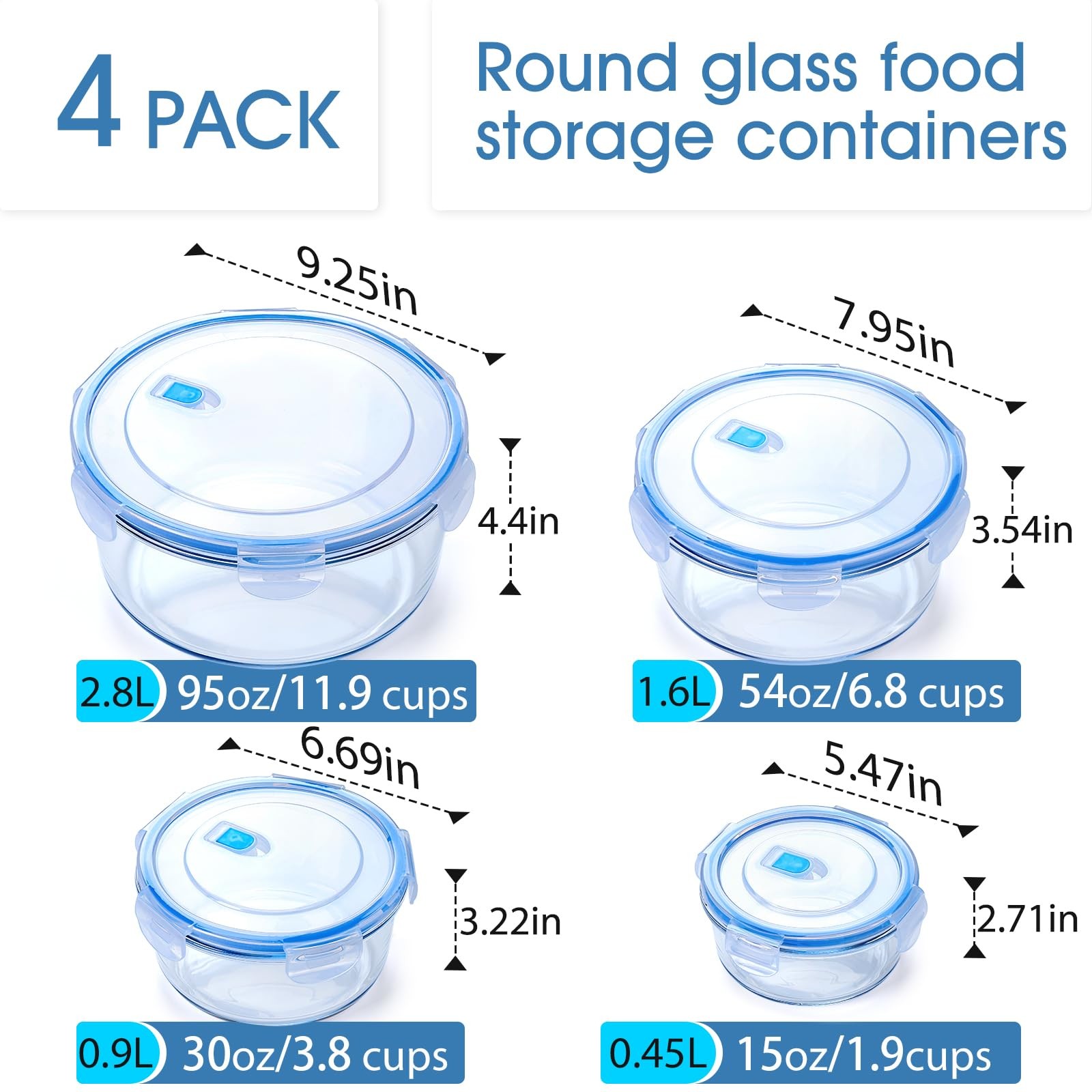 95/54/30/15oz Round Large Glass Food Storage Containers with Airtight Lids, M…