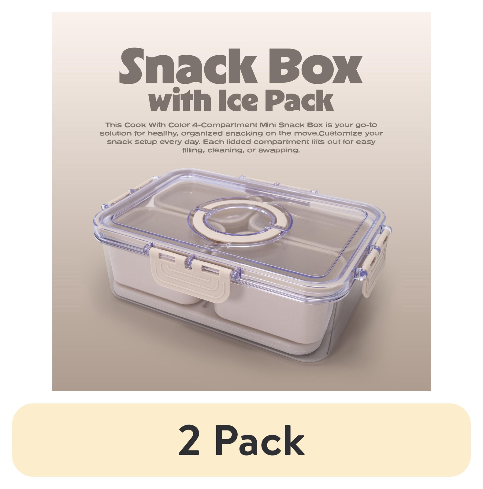 2 pack Cook W/ Color 4-Compartment Portable Snack Box Food Storage Container