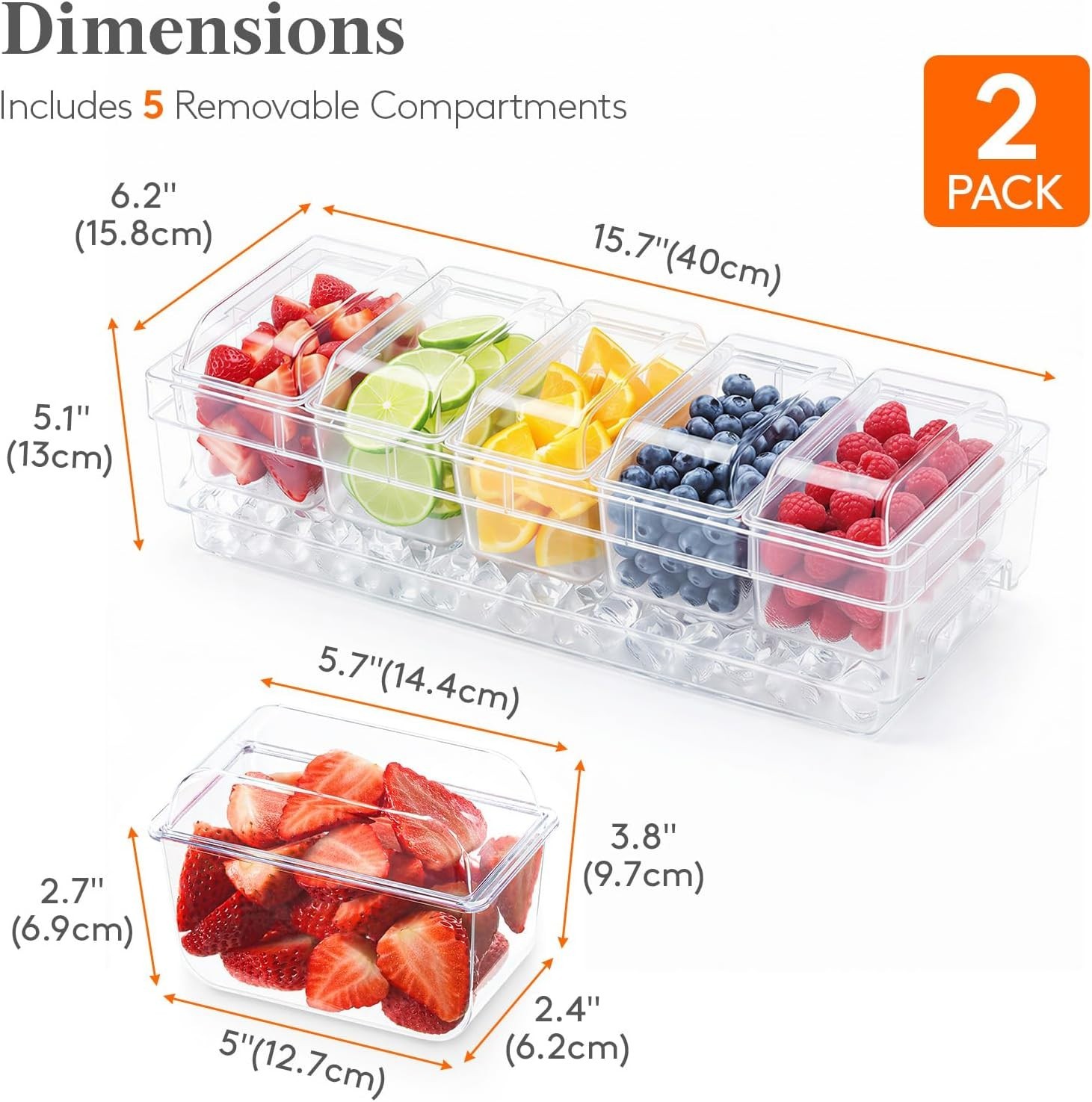 Lifewit 2-Piece Condiment Caddy Set with Lids Ice Garnish Tray Clear Plastic