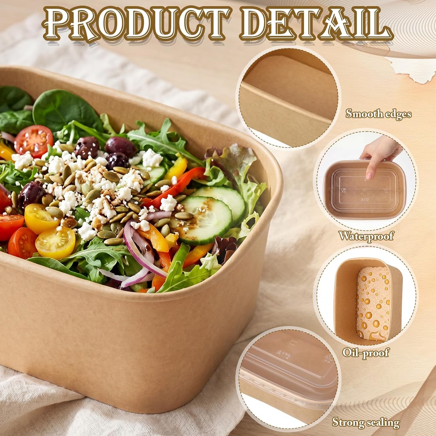 50 Set Paper Food Containers with Lids 3 Sizes Variety Pack (17oz/29oz/34oz)