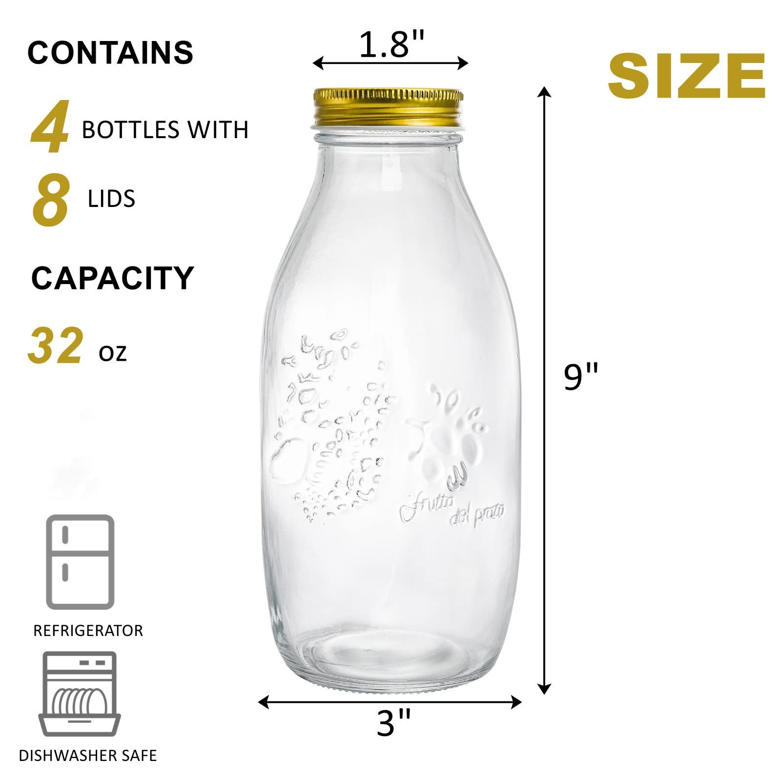 4 Pack 32 oz Glass Milk Bottle with Lids, Vintage Milk Container for Refriger…