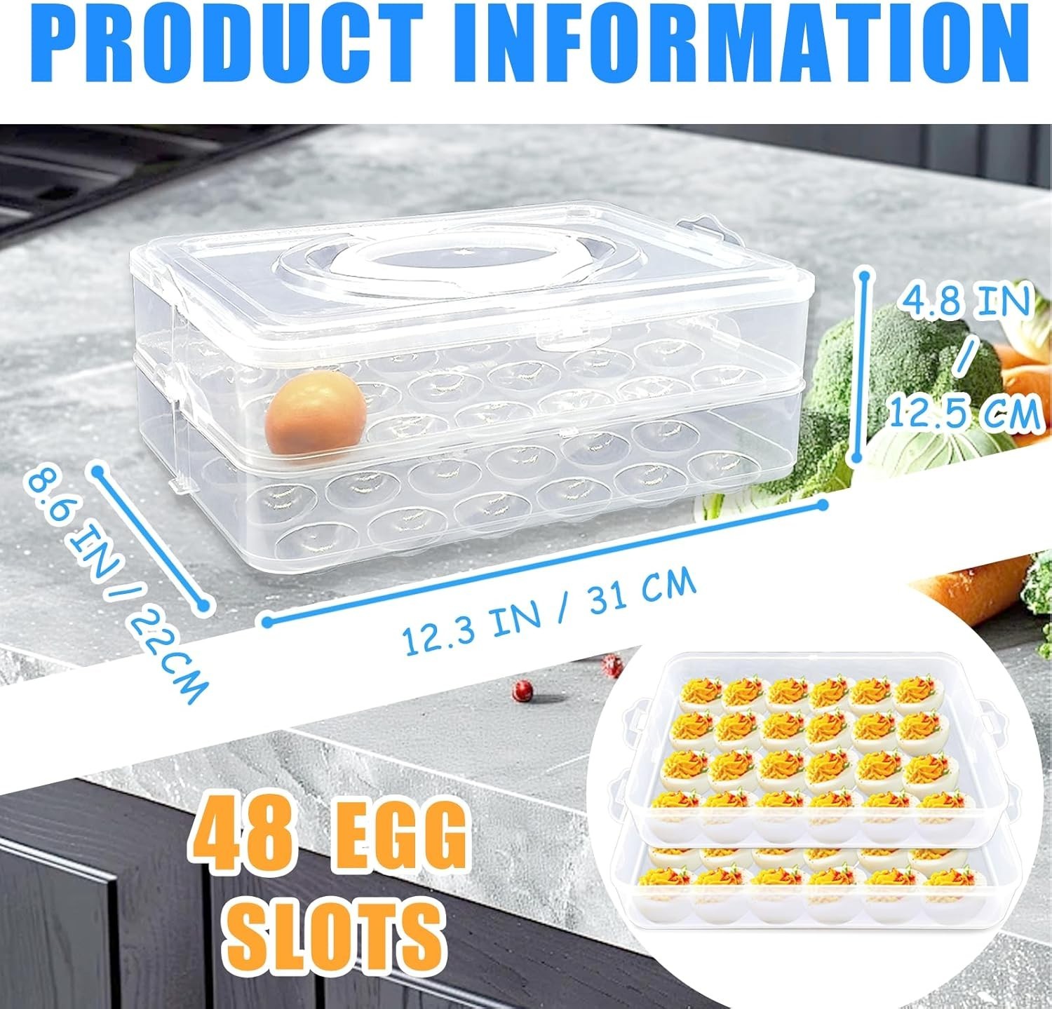 2 Layers Deviled Egg Containers with Lid,48 Slots Deviled Eggs Holder with Handl