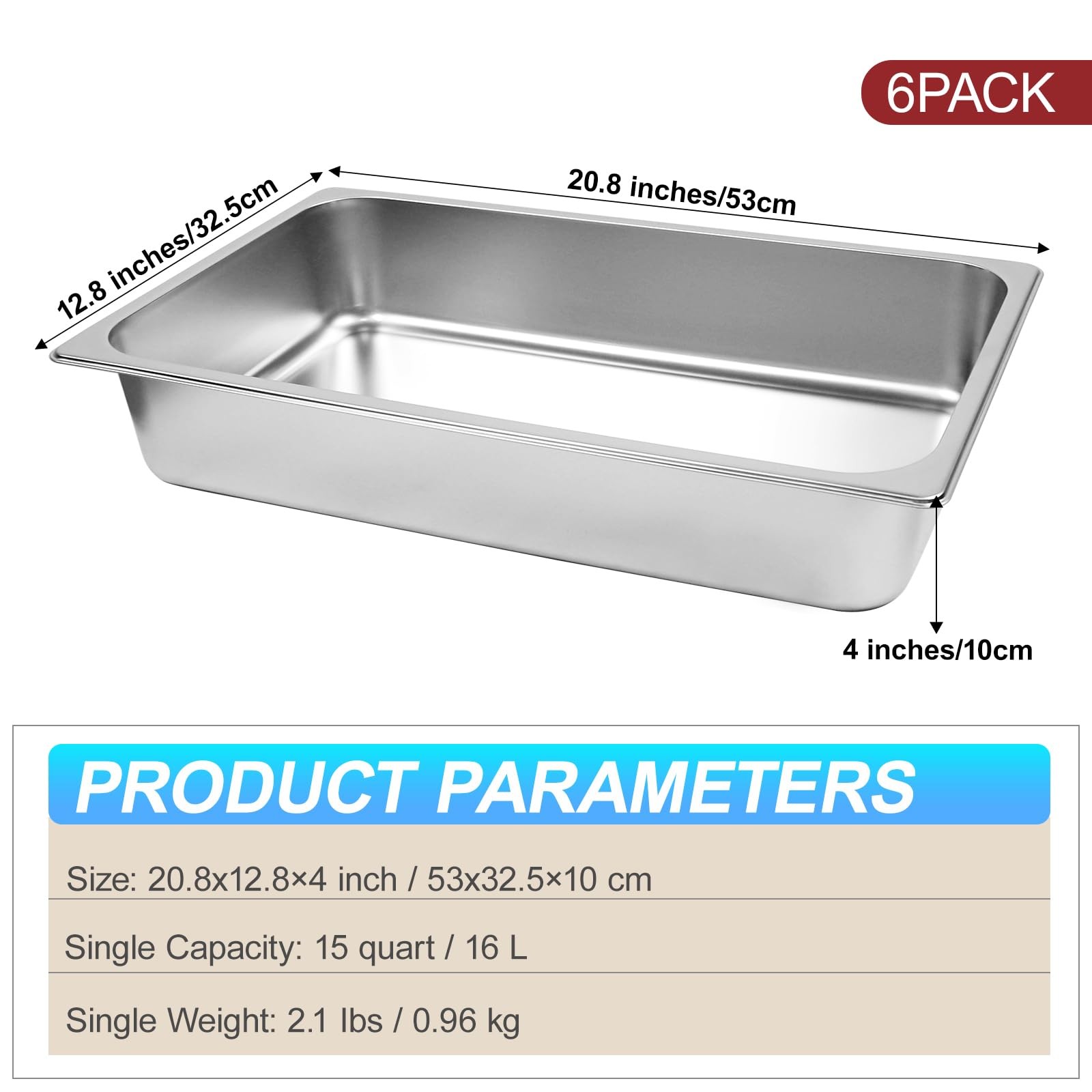 6 Pack Hotel Pans, 1/1 Size 4″ Deep Stainless Steel Trays for Food, 20.8″ L x…