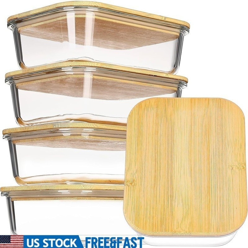 Bamboo Glass Food Storage Containers Reusable Microwave Oven Safe BPA Free New