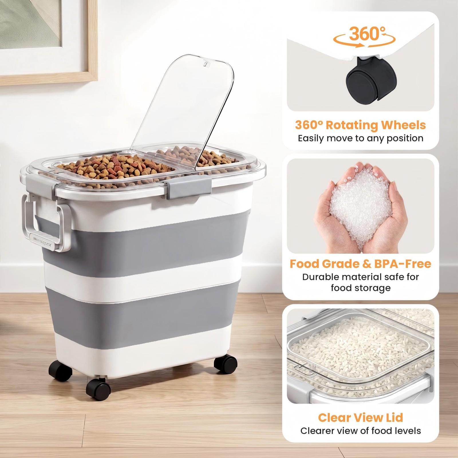 30 Lbs Rice Storage Container with Wheels, Collapsible Airtight Dog Food Stor…