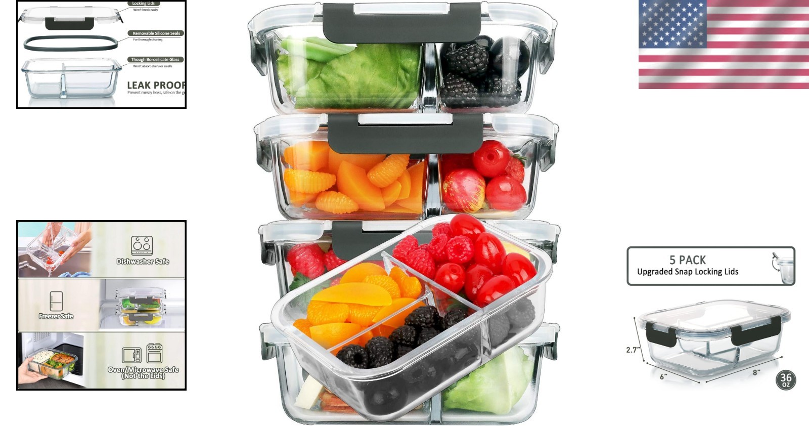 5-Pack 36 oz Glass Meal Prep Containers – Airtight, Microwave Safe & Stackable