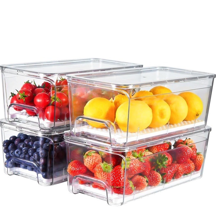 4 Stackable Fridge Organizer W/ Pull-Out Drawer Food Storage Bin