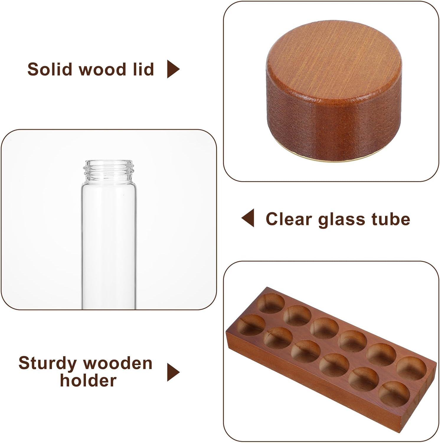 12-Pack Single Dose Coffee Bean Storage Tubes with Pine Wood Stand – Airtight Gl