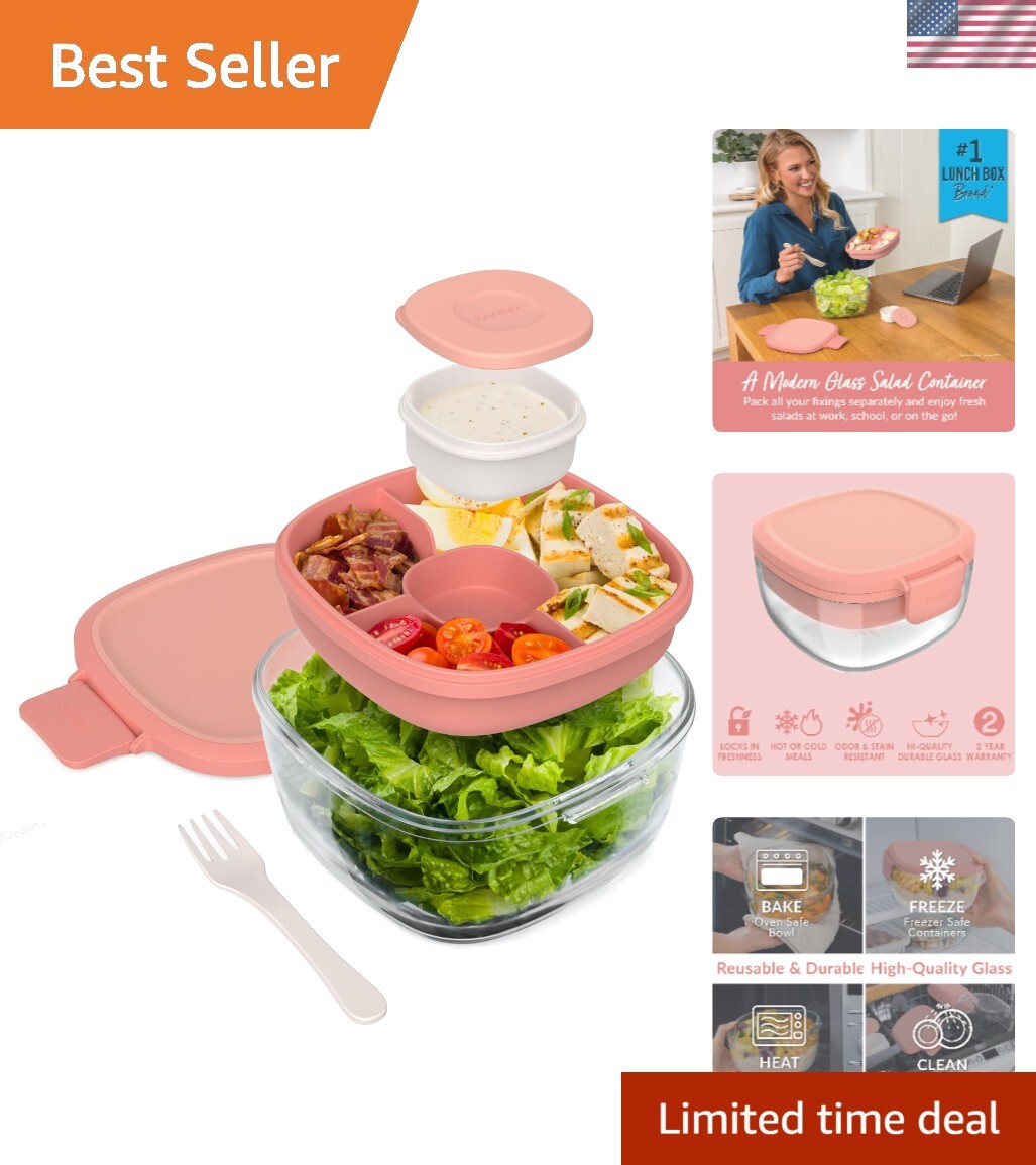 61-oz Glass Salad Bowl with Bento Tray & Leak-Proof Sauce Container – Coral