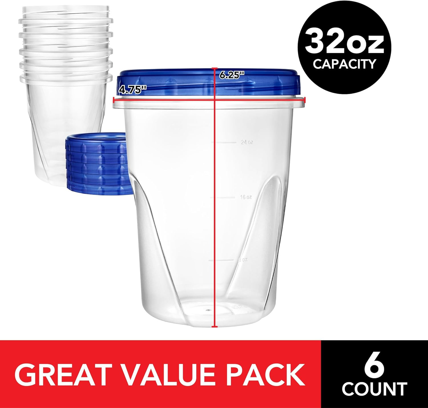 Stock Your Home 32Oz Plastic Containers with Twist Top Lids (6 Pack), Quart Free