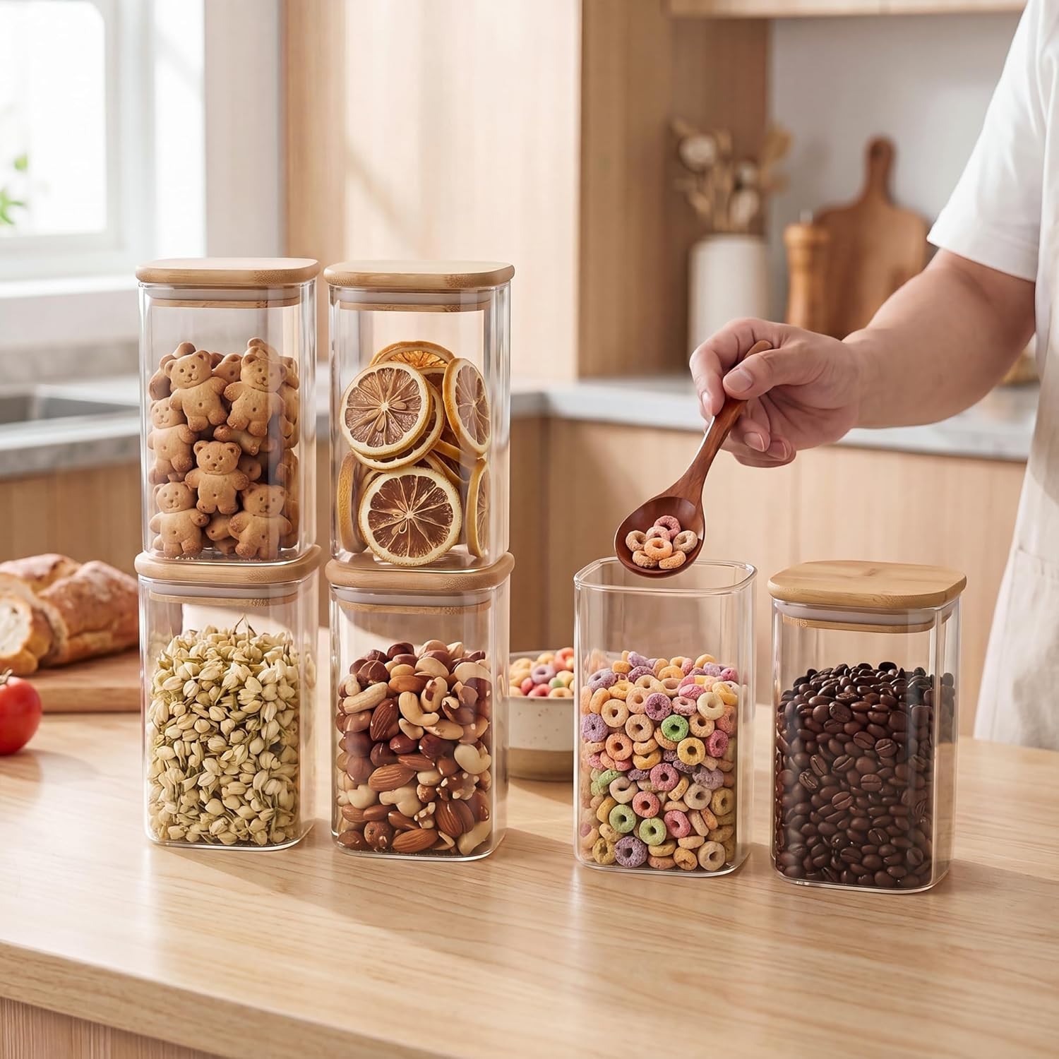 37 Oz Glass Storage Jars with Bamboo Lids – 6 Pack Clear Glass Canisters Square