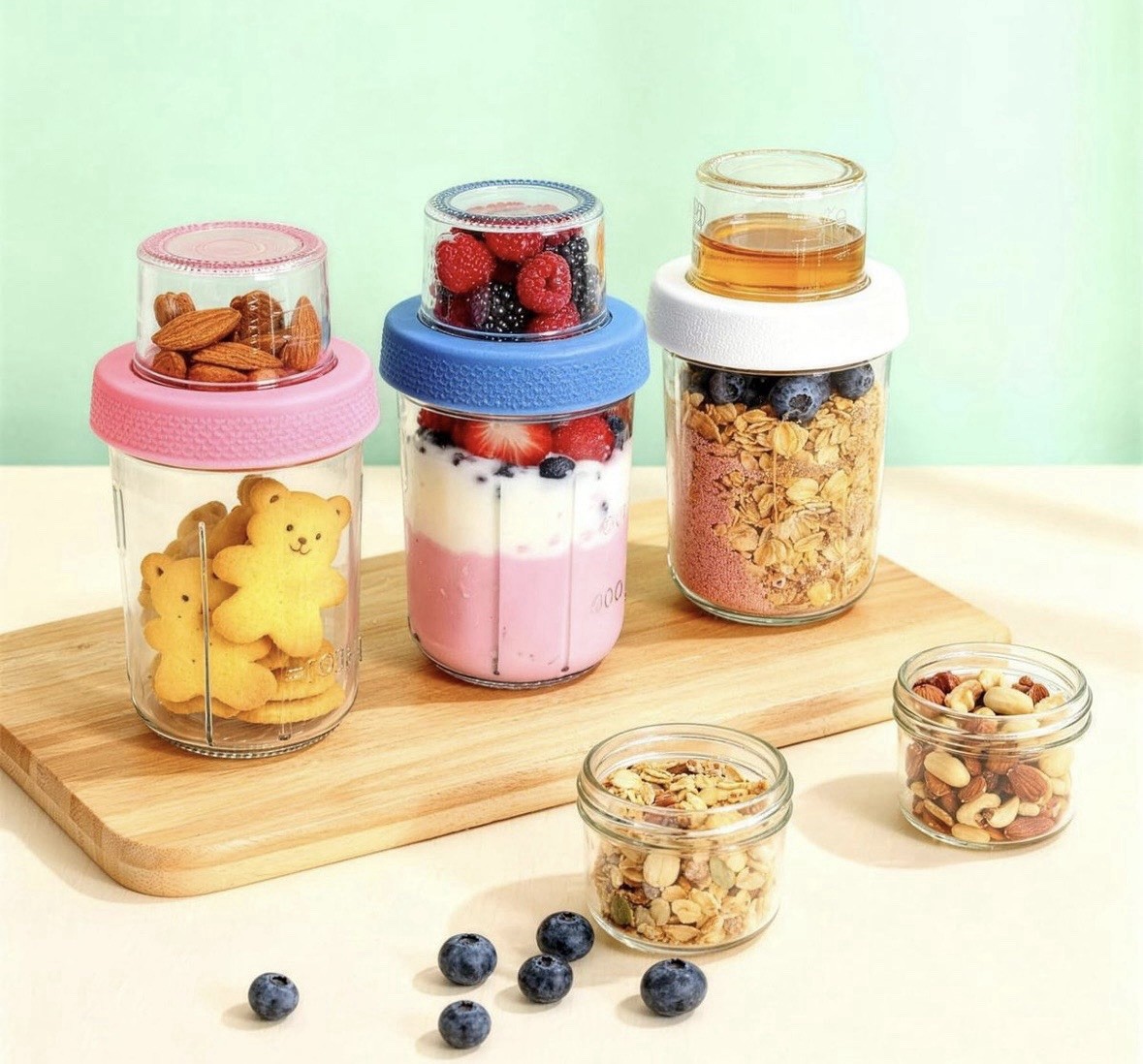 2-Pack Glass Overnight Oats Meal Prep Containers, Screw Lids, 10 oz Pink/Gray