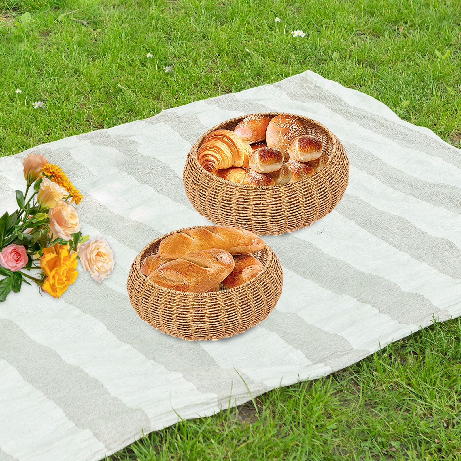 2PCS Vintage Farmhouse Round Hand Woven Storage Basket with Lids for Home