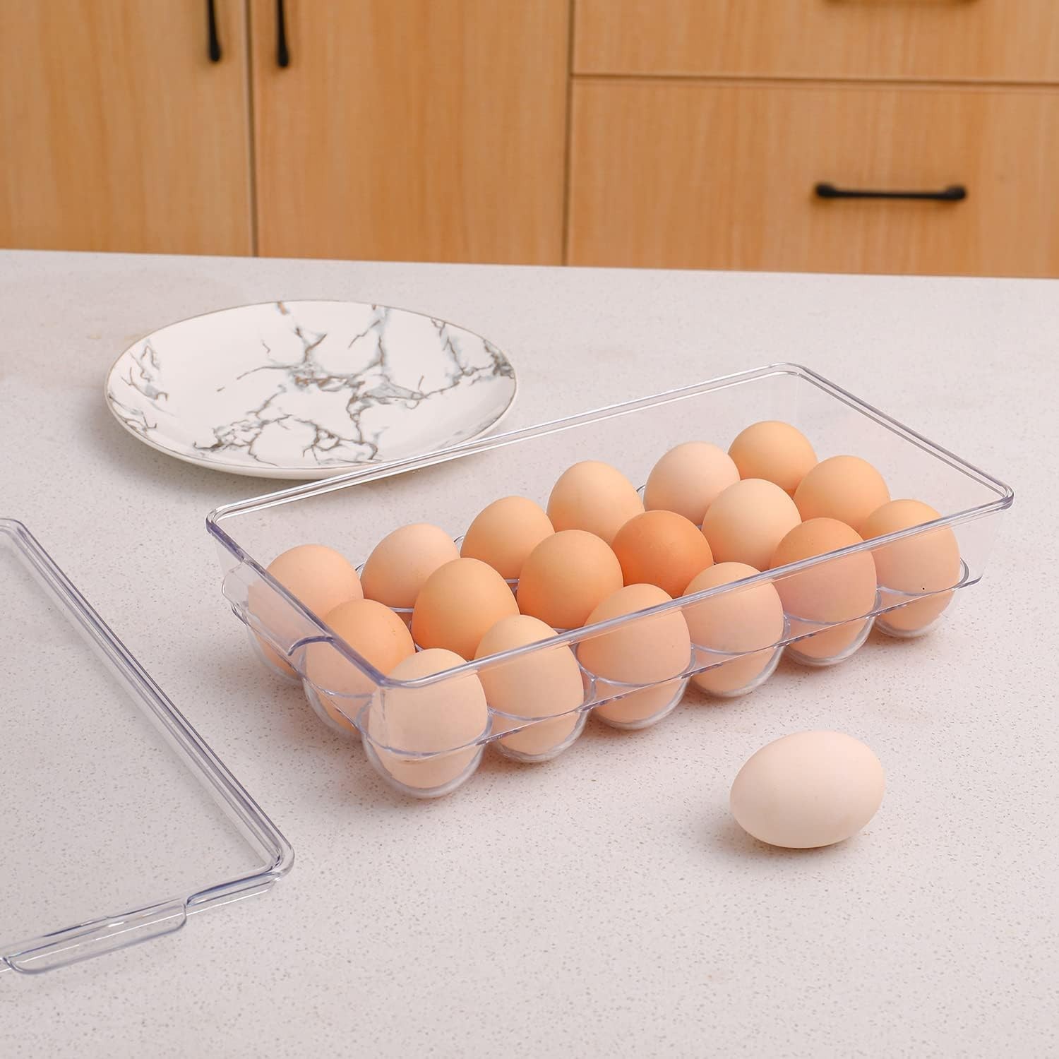 2 Pack Clear Plastic Egg Holders for Refrigerator, Stackable, Holds 18 Eggs