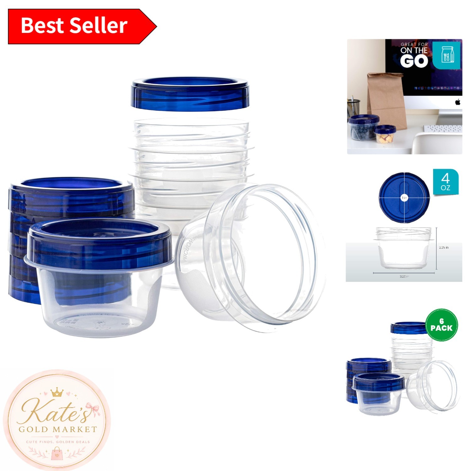 6 Pack 4 oz Airtight Deli Containers with Blue Lids – Stackable & Reusable
