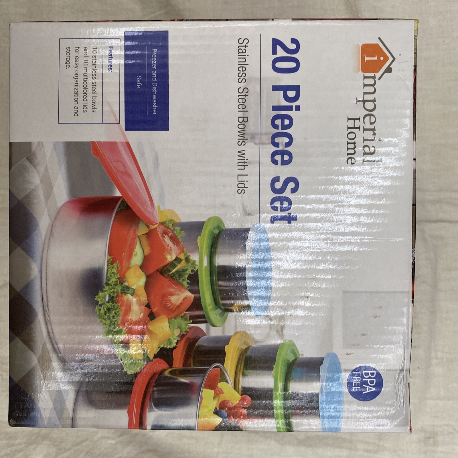 BRAND NEW Imperial Home 10 Stainless Steel Bowls with Lids, 20 pcs total