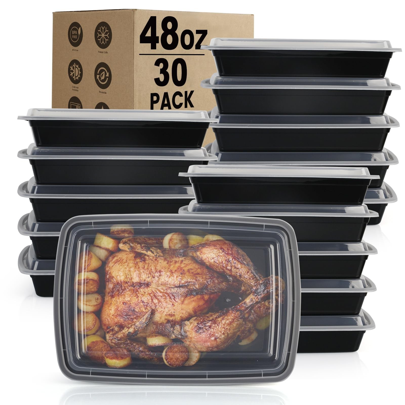 Meal Prep Containers Reusable – 48oz Food Storage Containers with Lids 30 Pac…