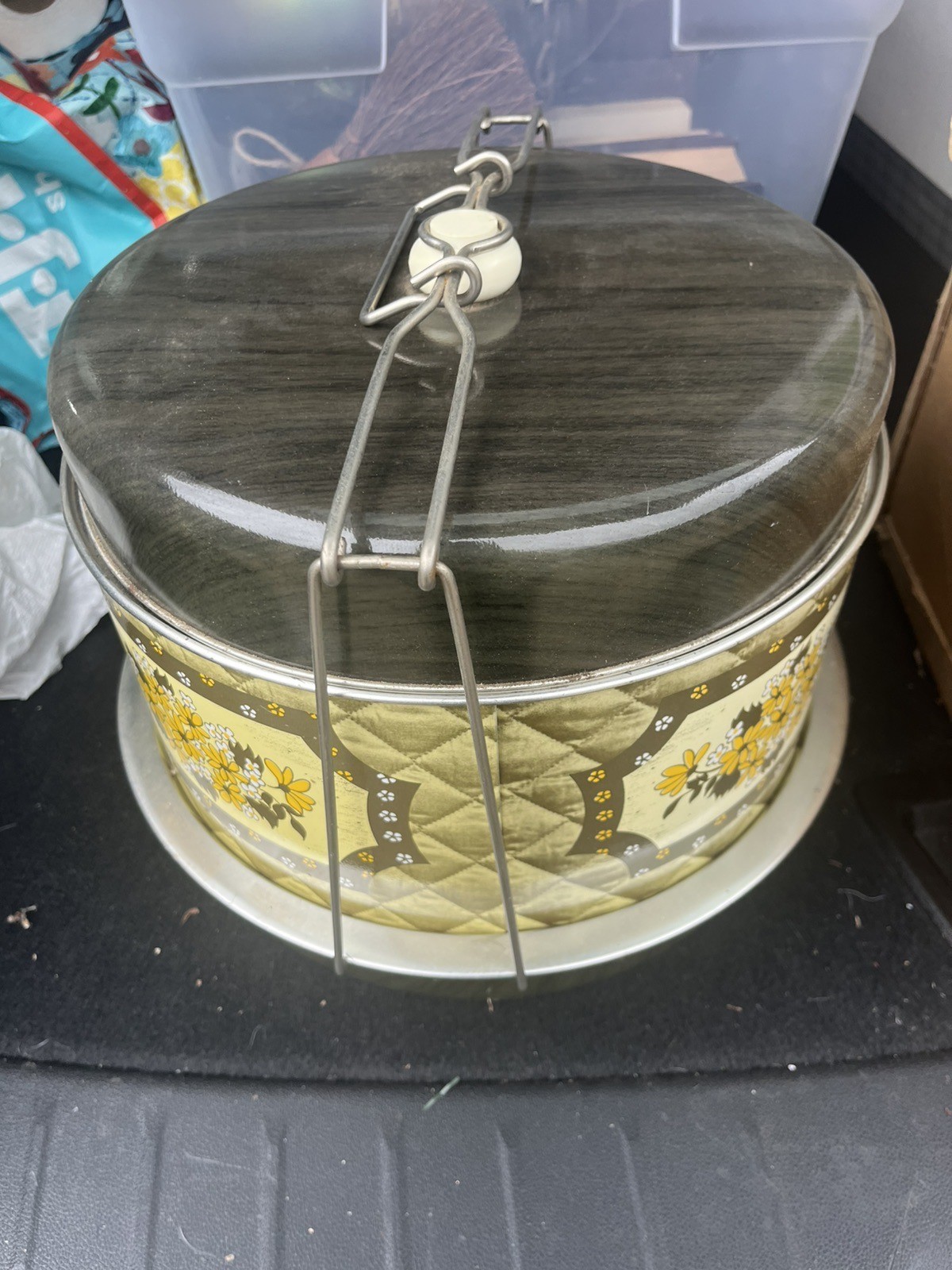 Vintage Triple Decker Food Carrier by J.L. Clark Daisies Flowers Yellow