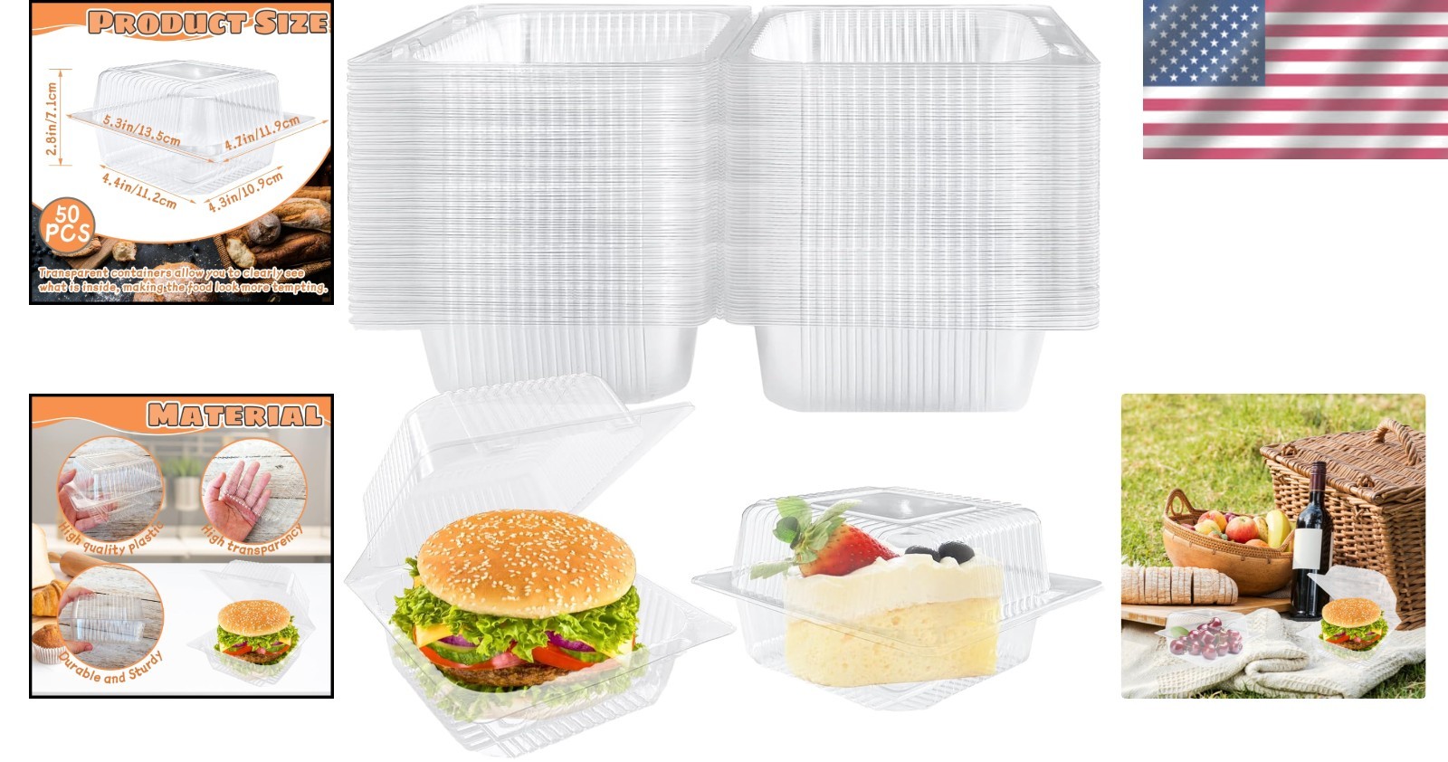 50 Pcs Clear Plastic Clamshell Containers – Perfect for Salads & Desserts