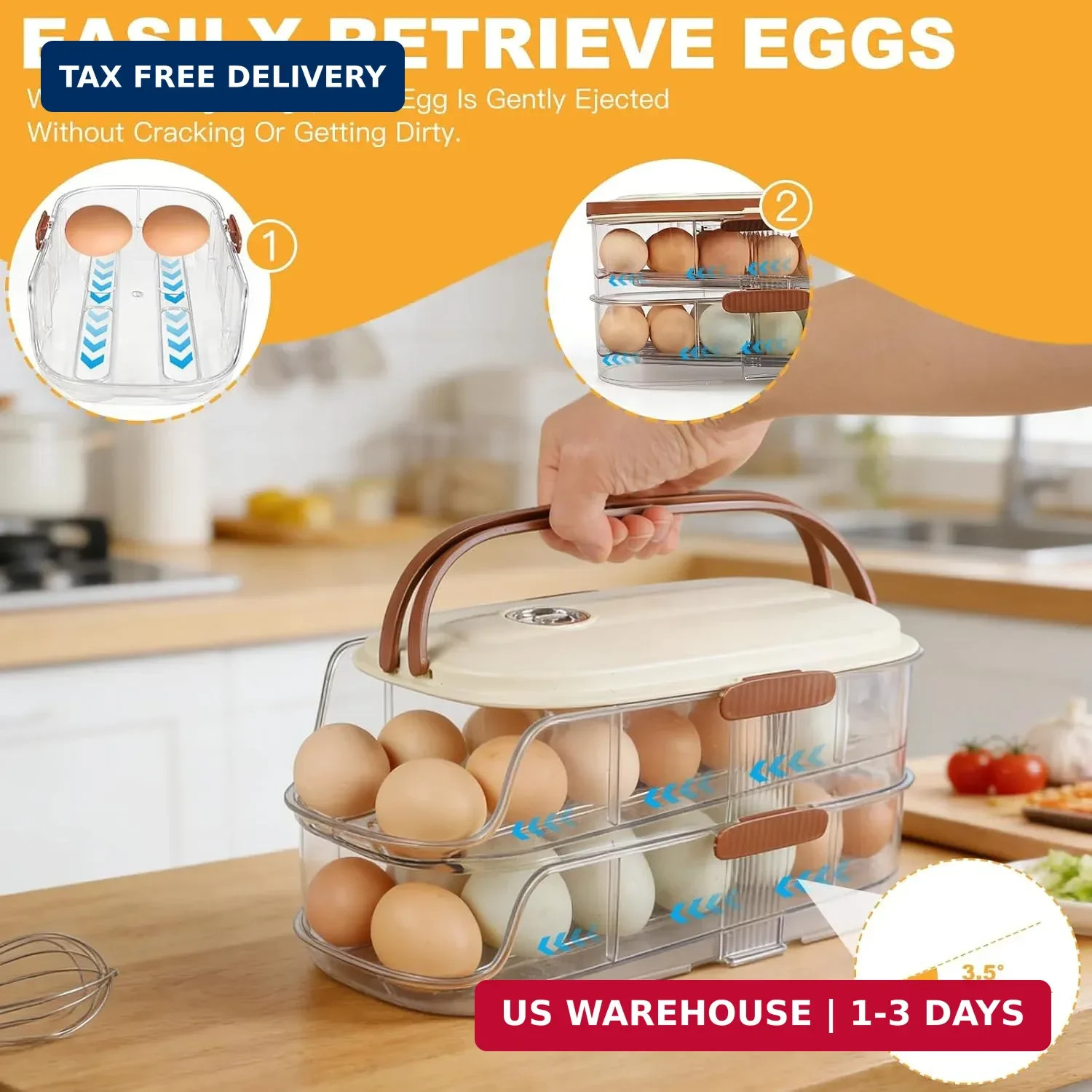 Egg Holder For Fridge, Clear Egg Organizer For Refrigerator With Lid And Handle,