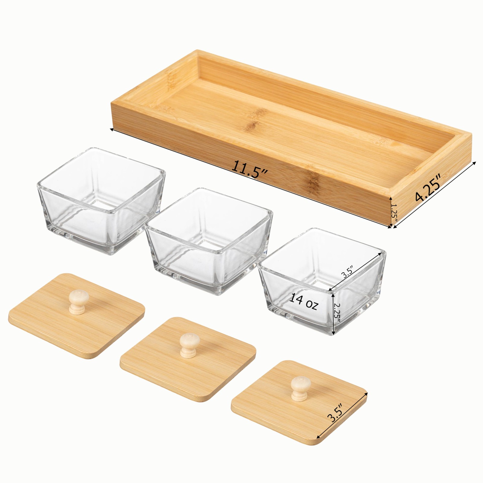 Set of 3 Square Glass Jars with Bamboo Lids and Wooden Tray – Rectangular Cha…