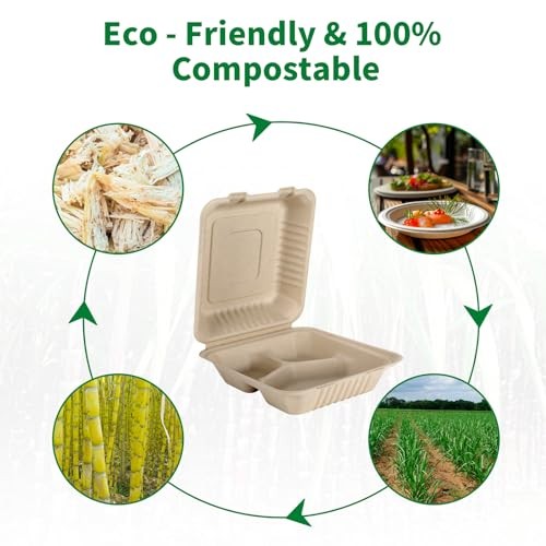 Pack 3 Compartment Compostable 8×9 Inch Takeout Lunch Box 8X9 Inch 100