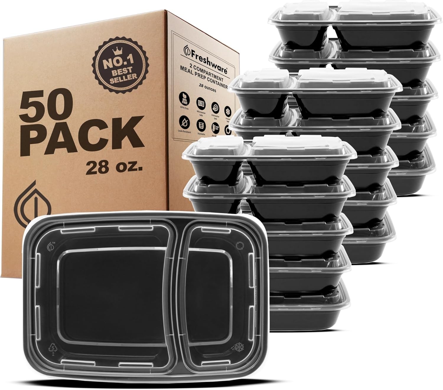 Freshware Meal Prep Containers [50 Pack] 2 Compartment with Lids, Food Storage C