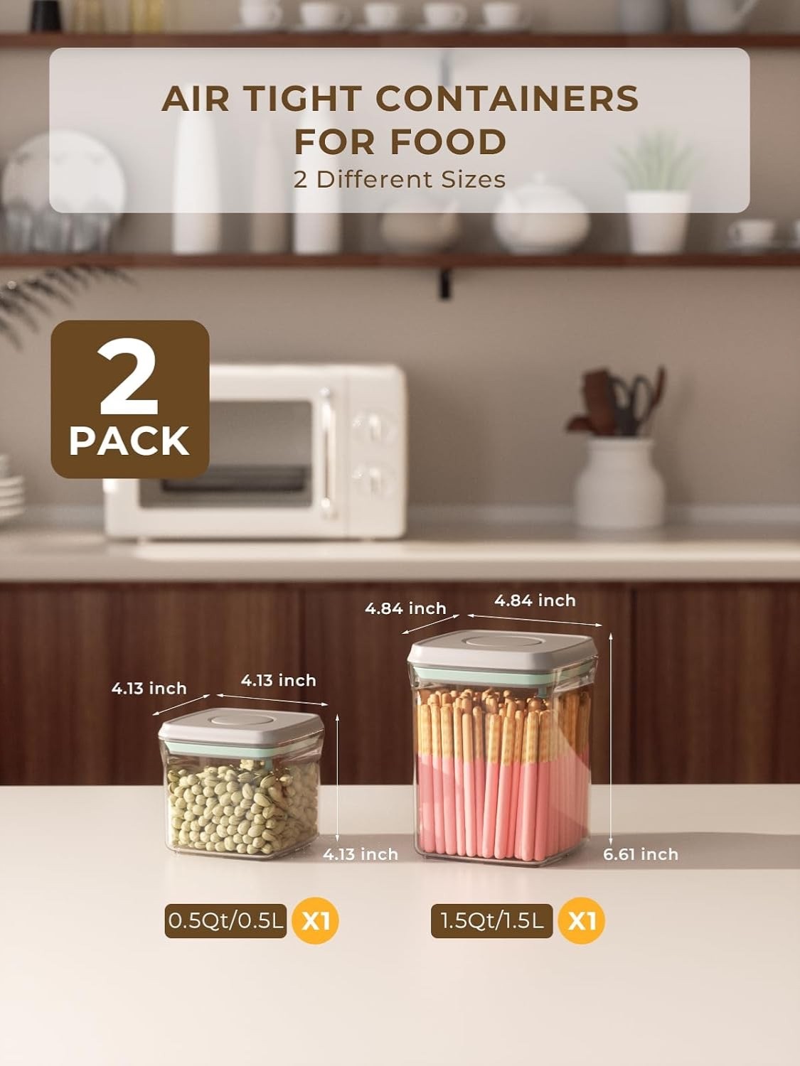 Airtight One touch Lid | Food Containers | 2 pack | 0.5Qt – 1.5Qt