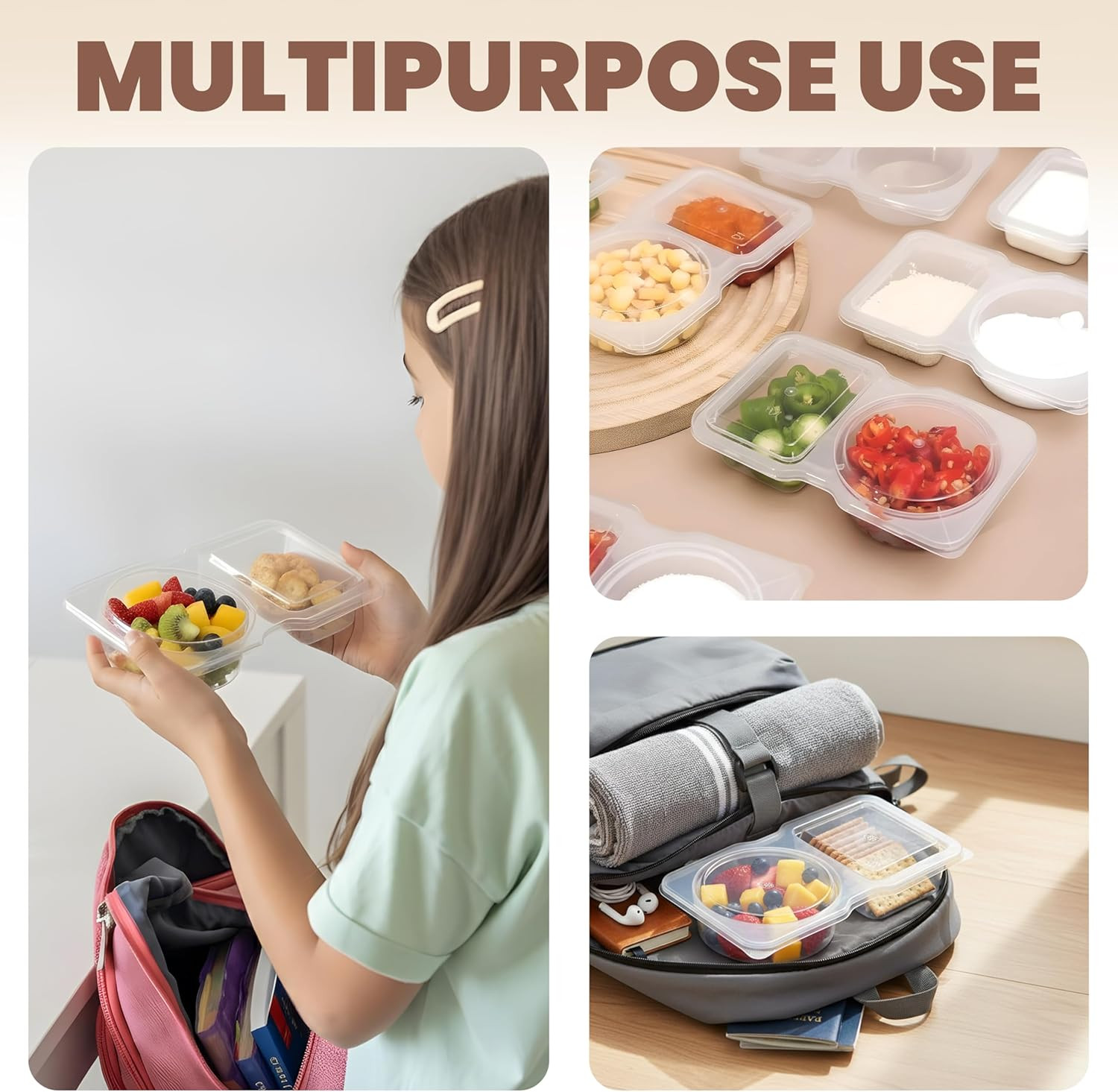 Reusable Snack Containers with Lids 30 Pack – 2 Compartment Portion Control Food