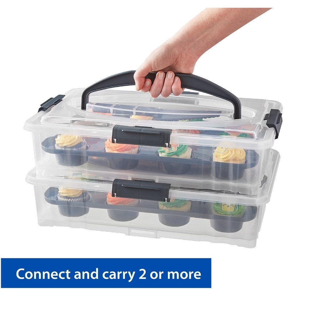 Clear Plastic Rectangular Dessert Carrier with Dark Gray Handle and Clasps