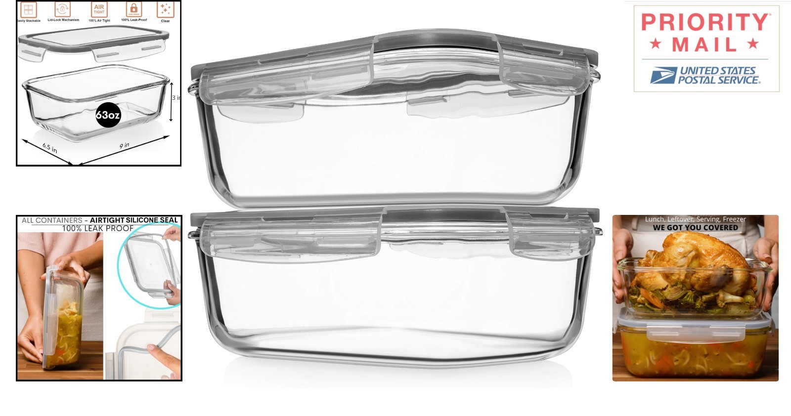 BPA Free Glass Food Storage 2 Piece Set Leak Resistant Airtight Containers
