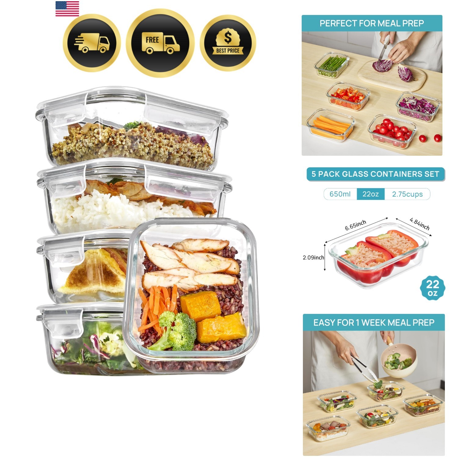 5Pack 22oz Glass Storage Containers with Lids, Glass Meal Prep Food Container…