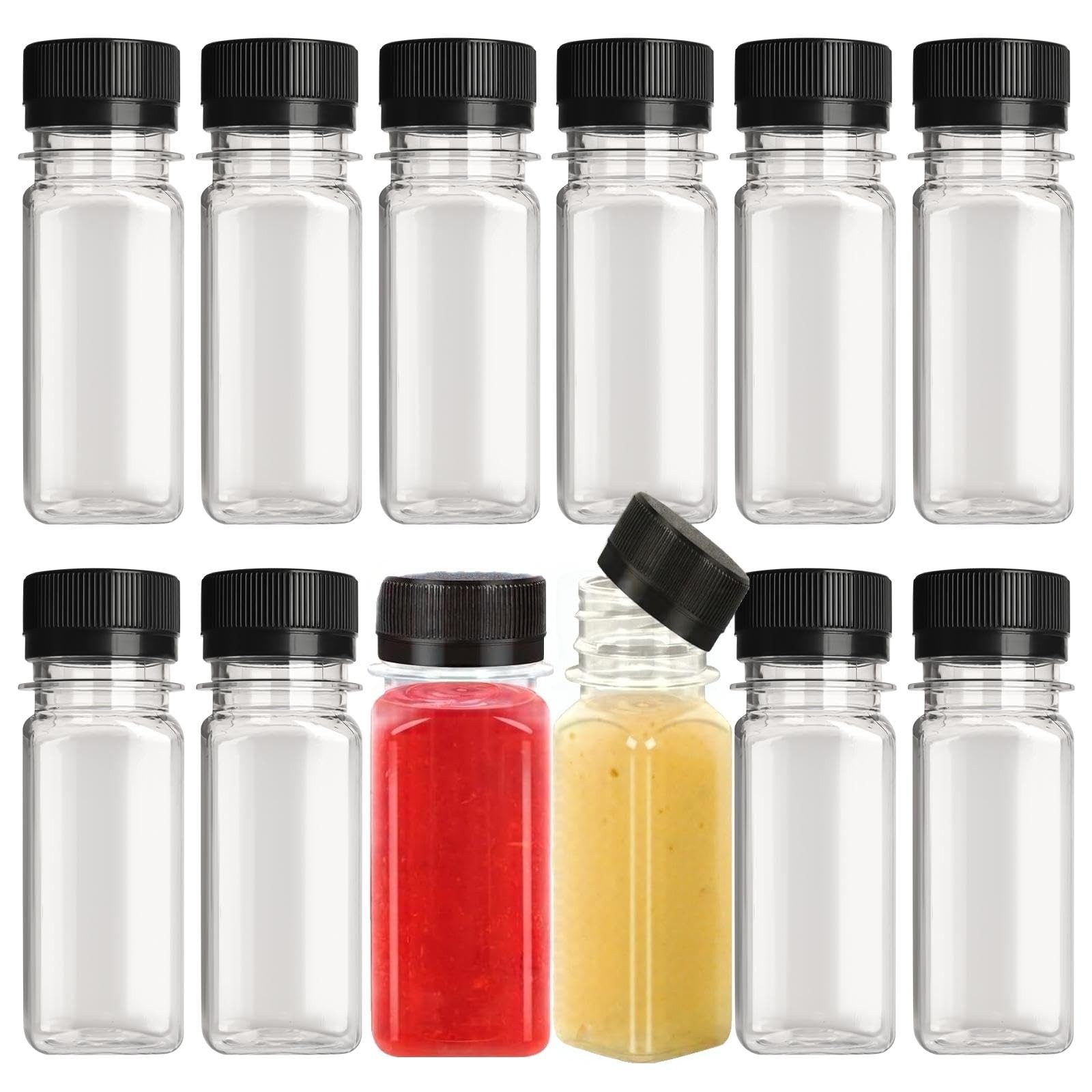 12 Pcs 2 oz Plastic Juice Bottles, Mini Plastic Bottles with Black Lids, Reus…