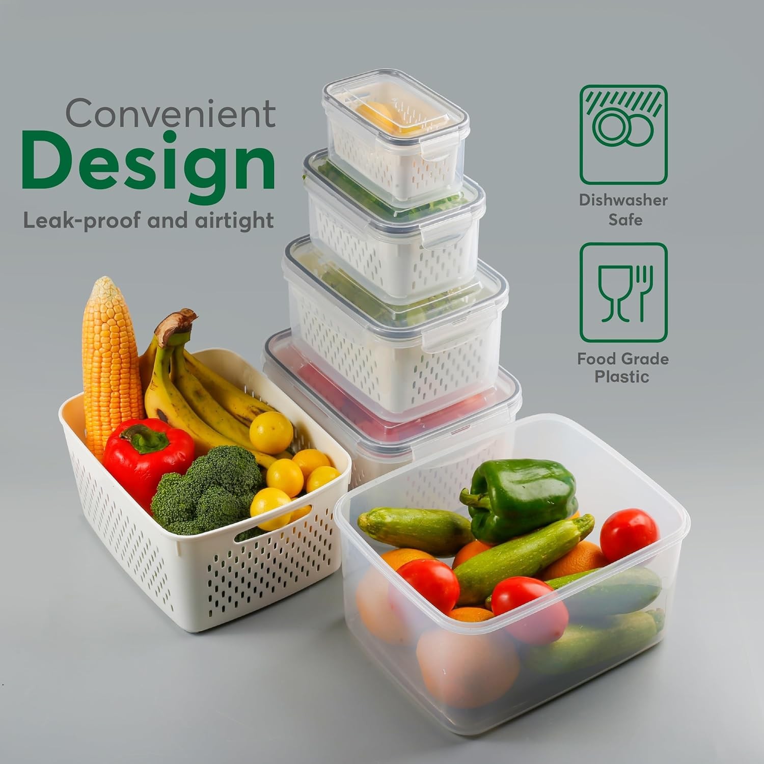 5 Set Fruit Storage Containers for Fridge with Colanders Dishwasher Safe, Lea…