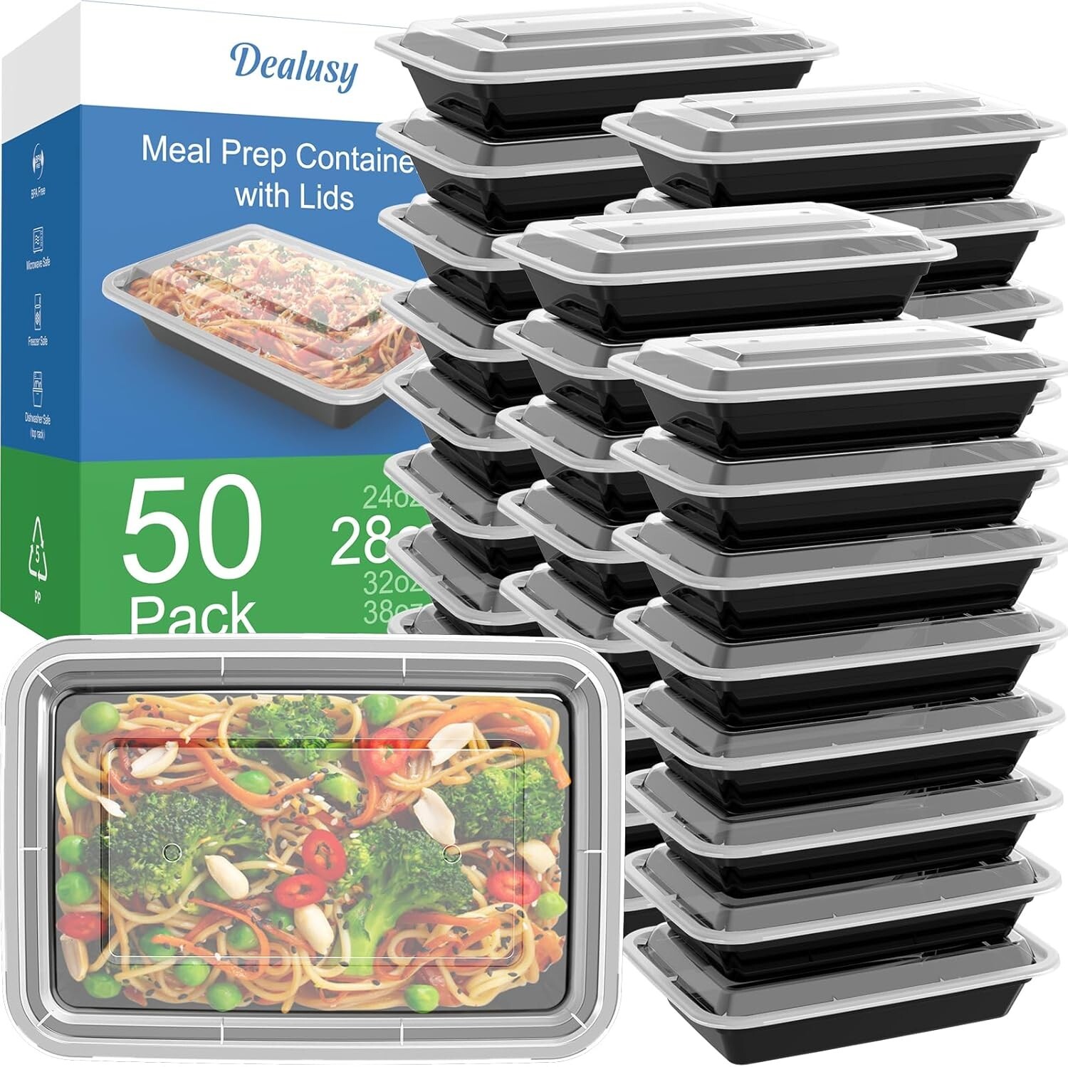 Stackable 50-Pack Meal Prep Containers – 28 oz, Dishwasher Safe and Leakproof