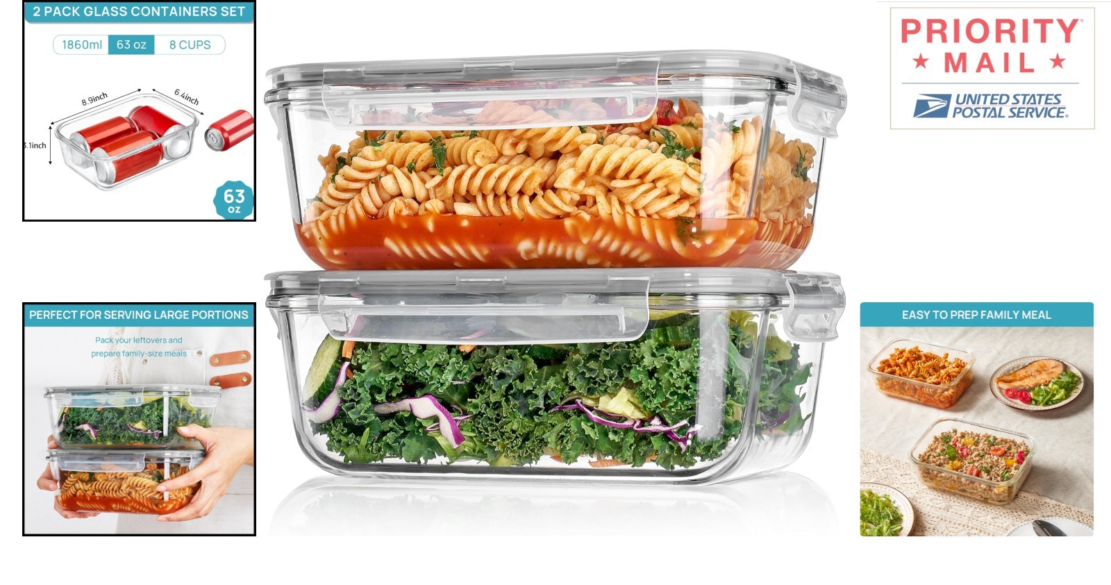 63oz Glass Storage Containers Set of 2 Airtight Leakproof for Baking and Freezer