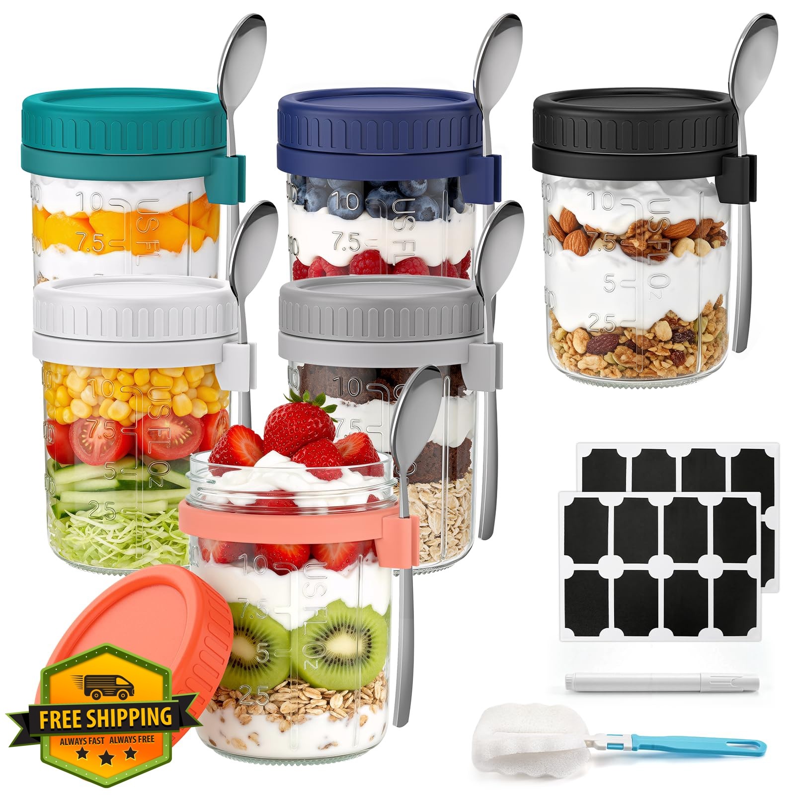 Cozyverge 6pk 16oz Overnight Oats Jars Containers Lids Spoons