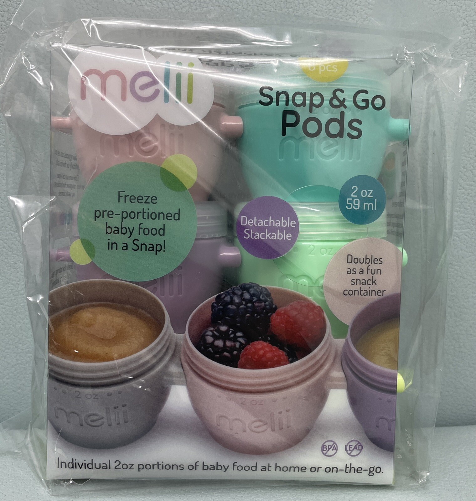 6-Pack Melii Snap & Go Pods Baby Food Freezer Storage Snack Containers 2oz Stack