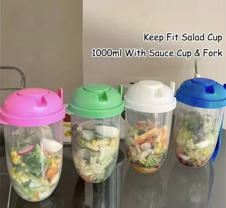Salad Cup Shaker Fork Travel Cup Reusable Meal w/Lid Fork & Dressing Cup Blue