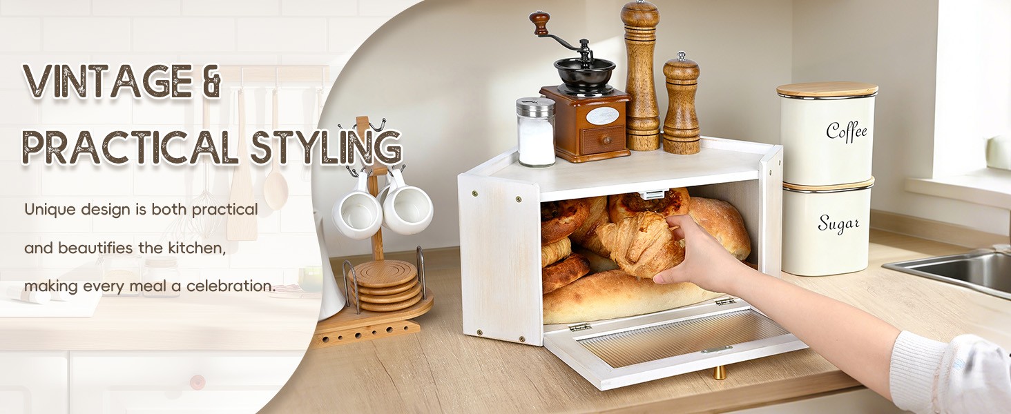 Vintage Coner Bread Box for Kitchen Countertop, Bamboo Bread Storage Container,