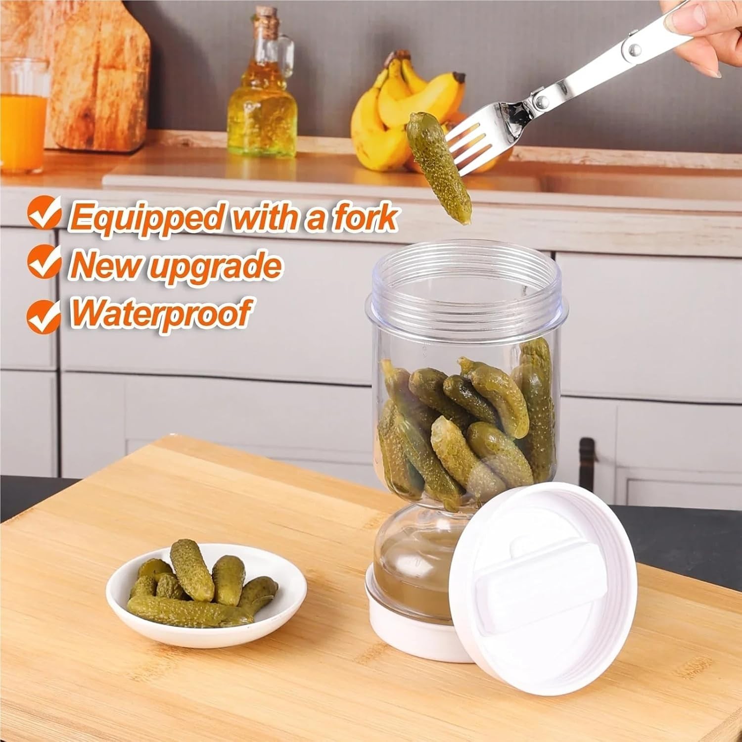 Durable Sturdy Portable Resilient Robust Wet-Dry Separation Pickle Jar with Fork