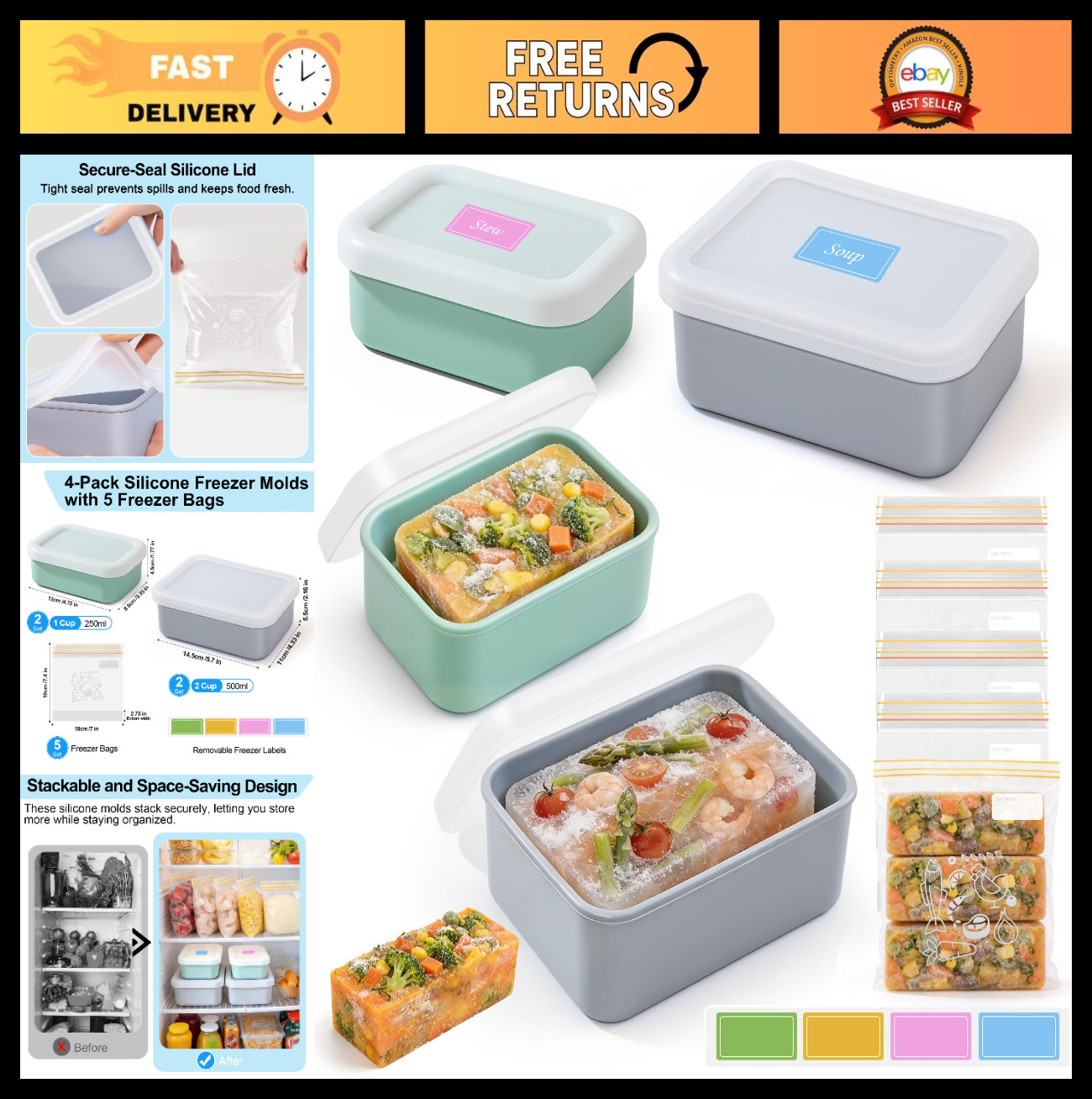 Airtight Silicone Freezer Trays with Lid – 4 Pack Meal Prep Molds, BPA-Free, Sta