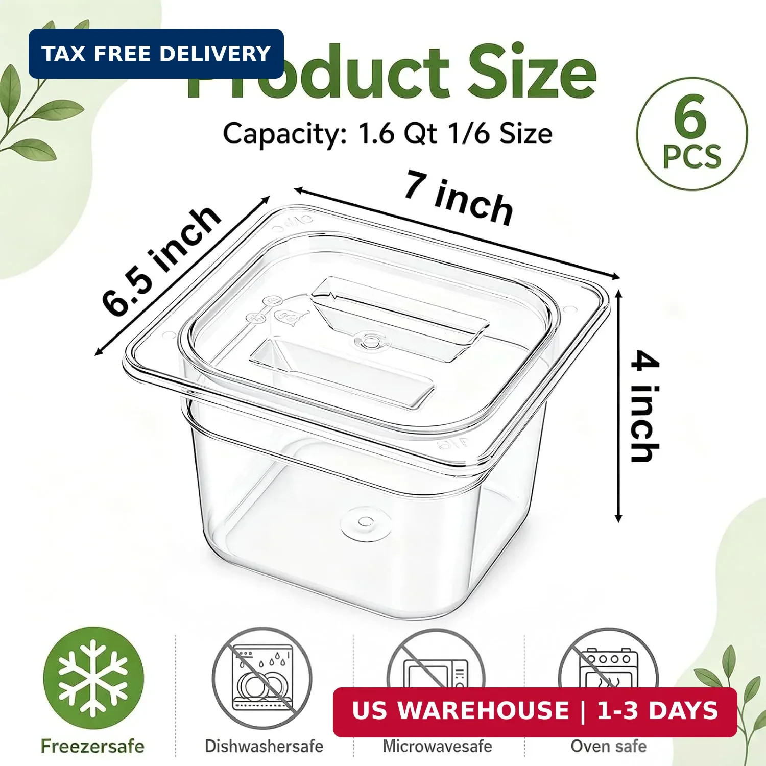 Bekith 6 Pack 1/6 Size Plastic Clear Food Pans with Lids for Kitchen Restaurant