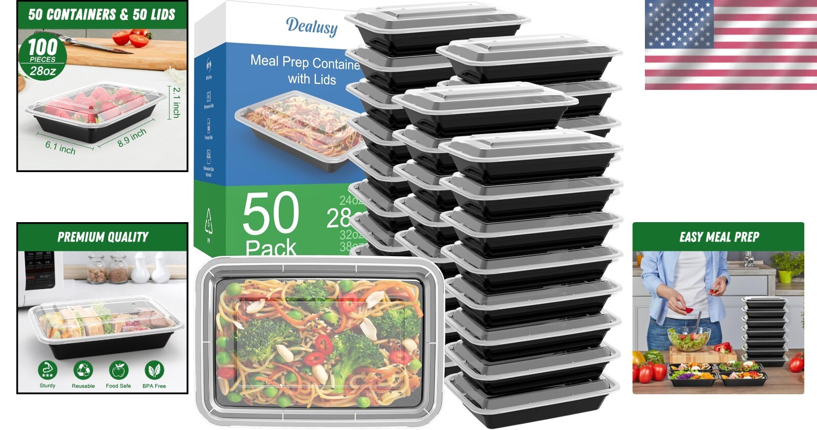 Stackable 50-Pack Meal Prep Containers – 28 oz, Dishwasher Safe and Leakproof