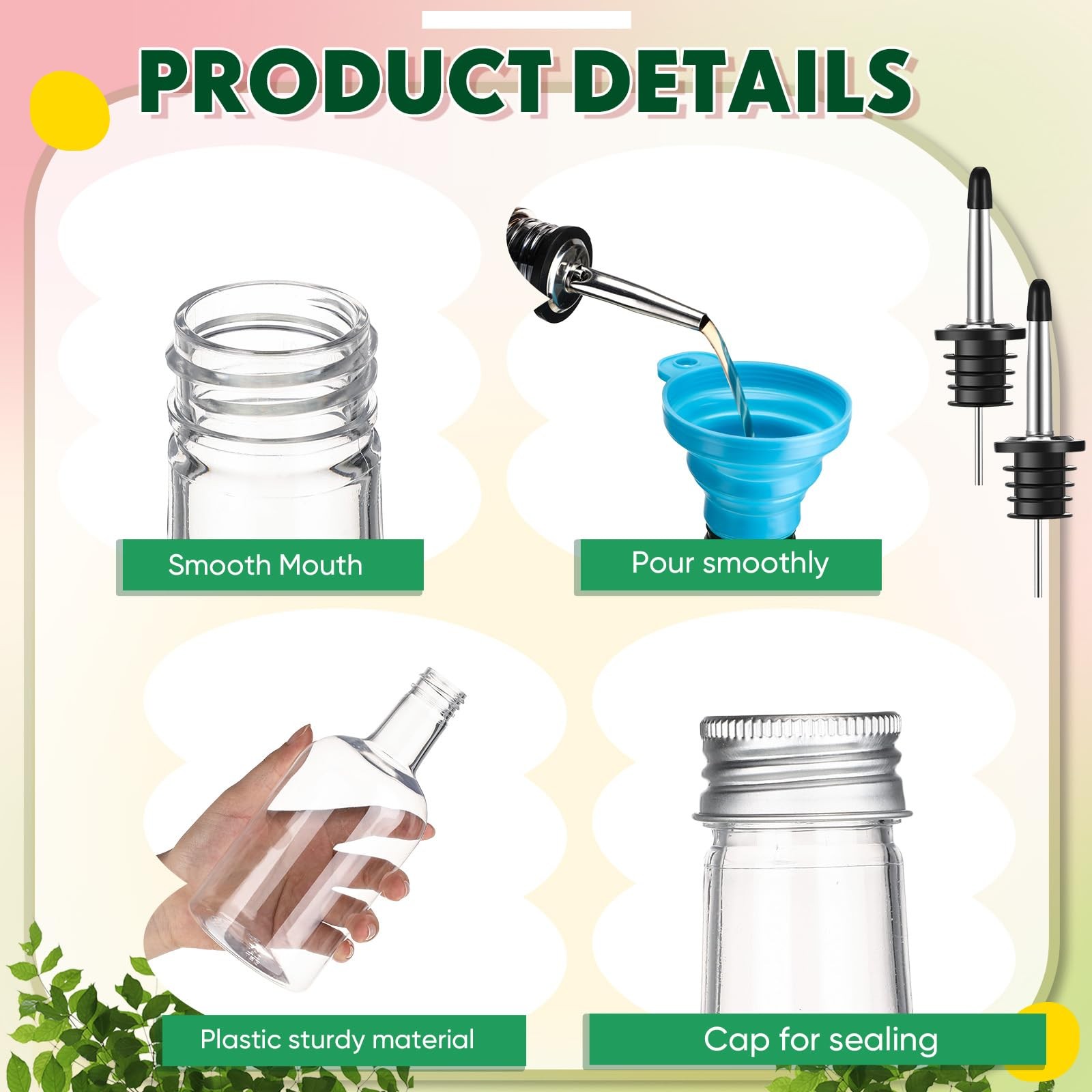 6 Set 16 oz Plastic Long Neck Bottles with Rainbow Pourer and Caps Plastic Ju…